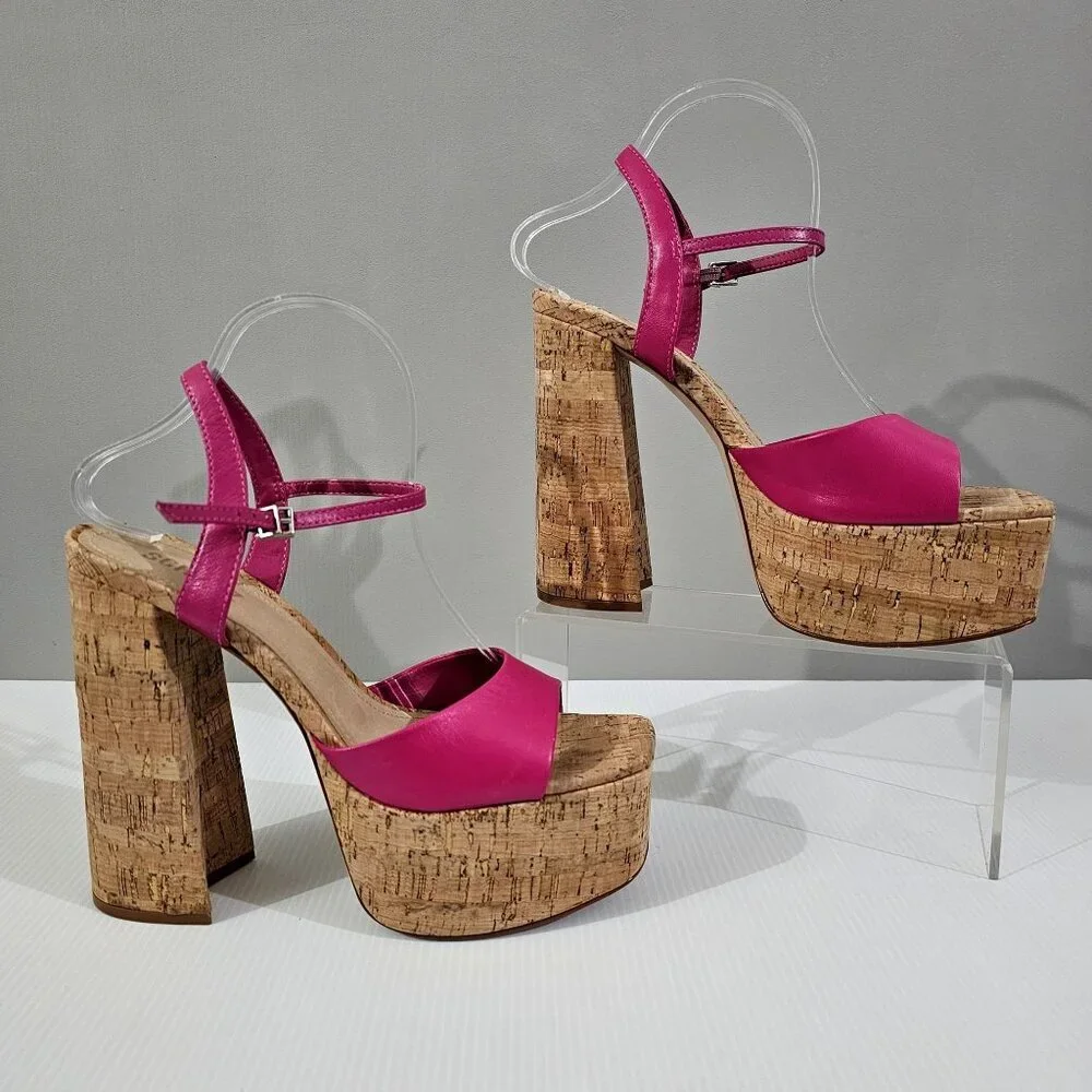Schutz Glayce Platform Cork Block Heel Sandal Womens 9.5 Hot Pink Leather Chunky
